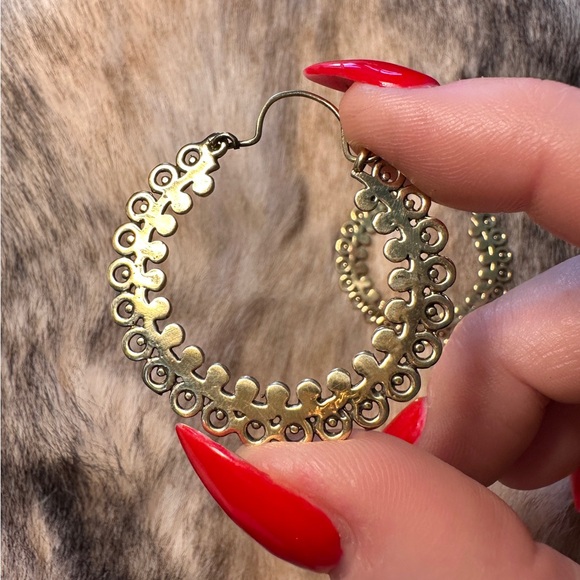 Solid Brass Indonesian Dangle Hoops - Picture 1 of 7